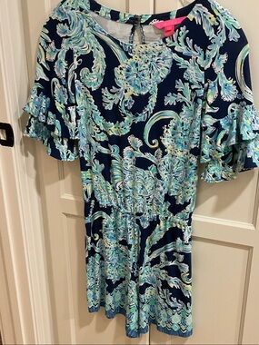 Navy Blue Floral Print Ruffle Sleeve Dress